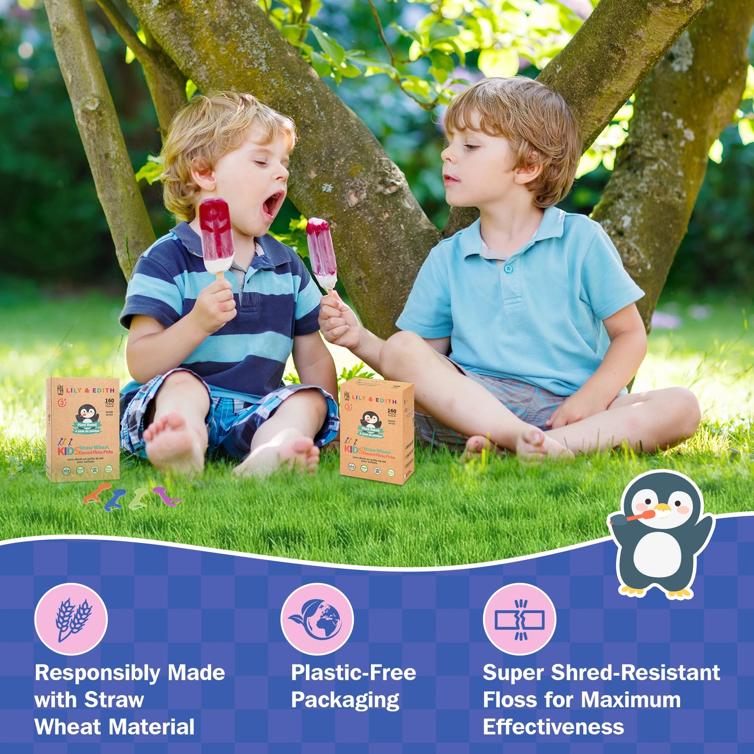 Kids Biodegradable Dental Floss Picks 160 Counts | Penguin Unflavored