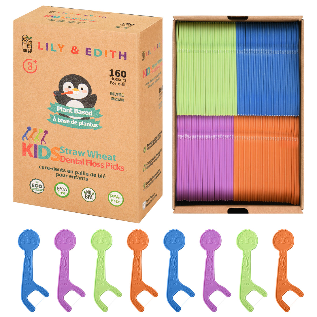 Kids Biodegradable Dental Floss Picks 160 Counts | Penguin Unflavored