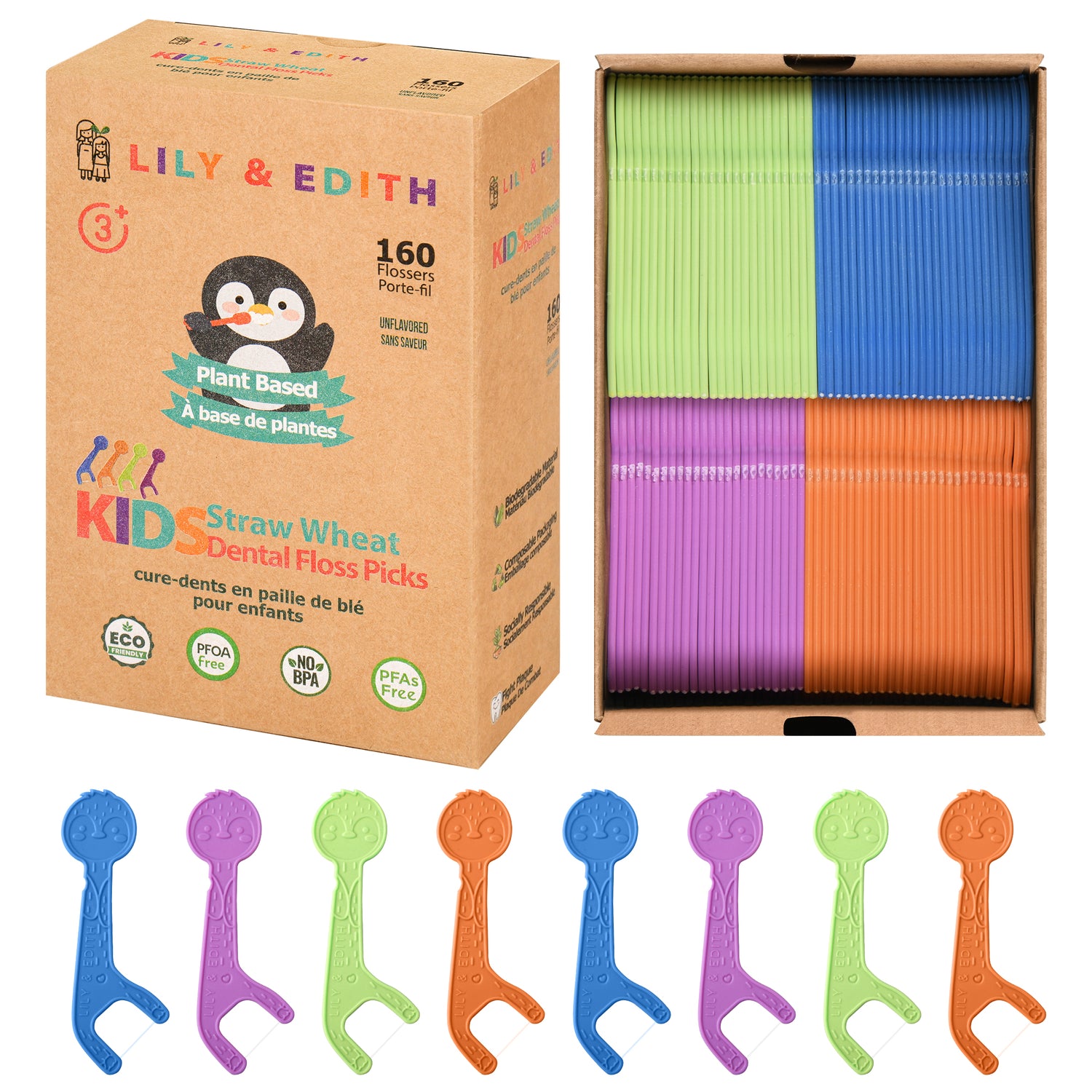 Kids Biodegradable Dental Floss Picks 160 Counts | Penguin Unflavored