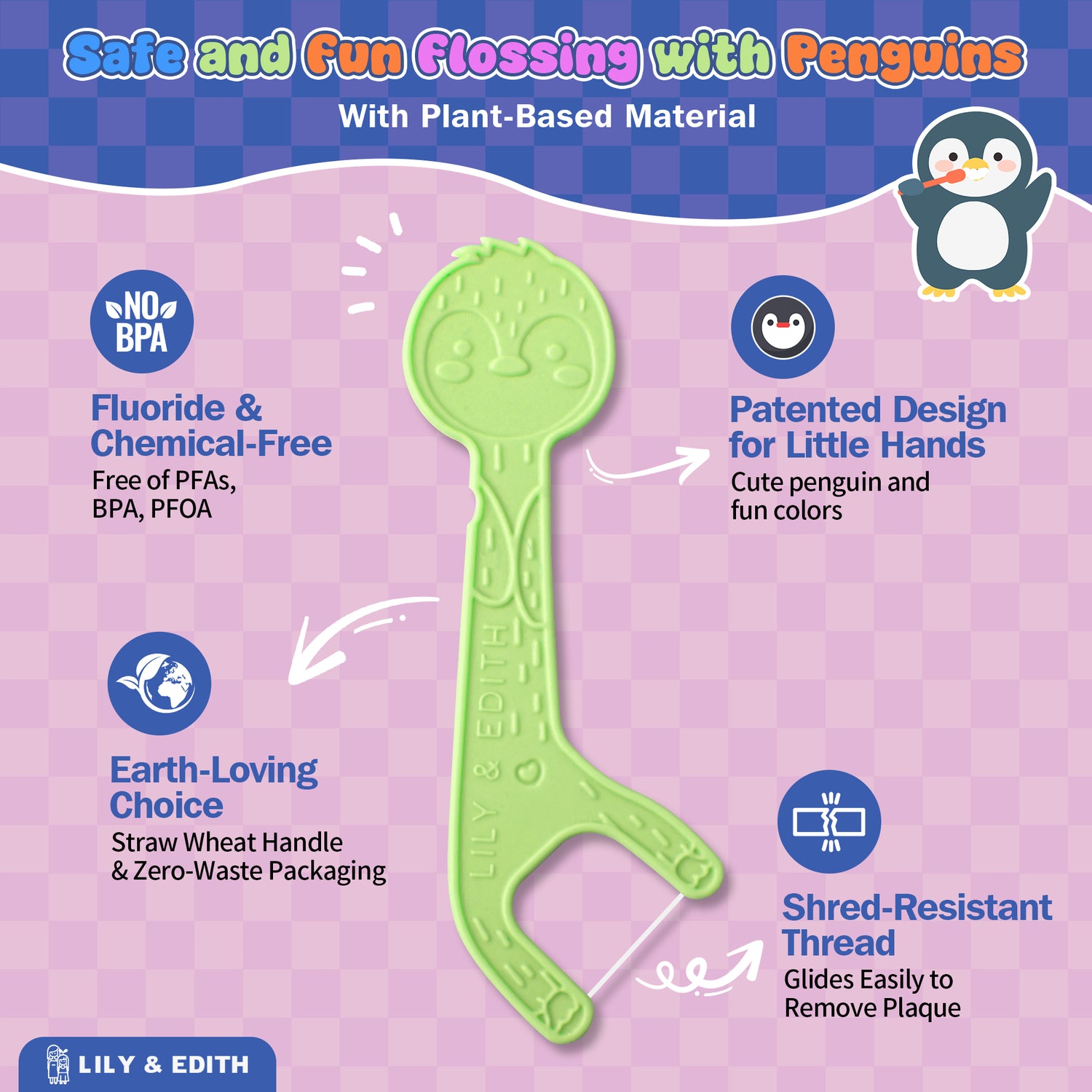 Kids Biodegradable Dental Floss Picks 160 Counts | Penguin Unflavored