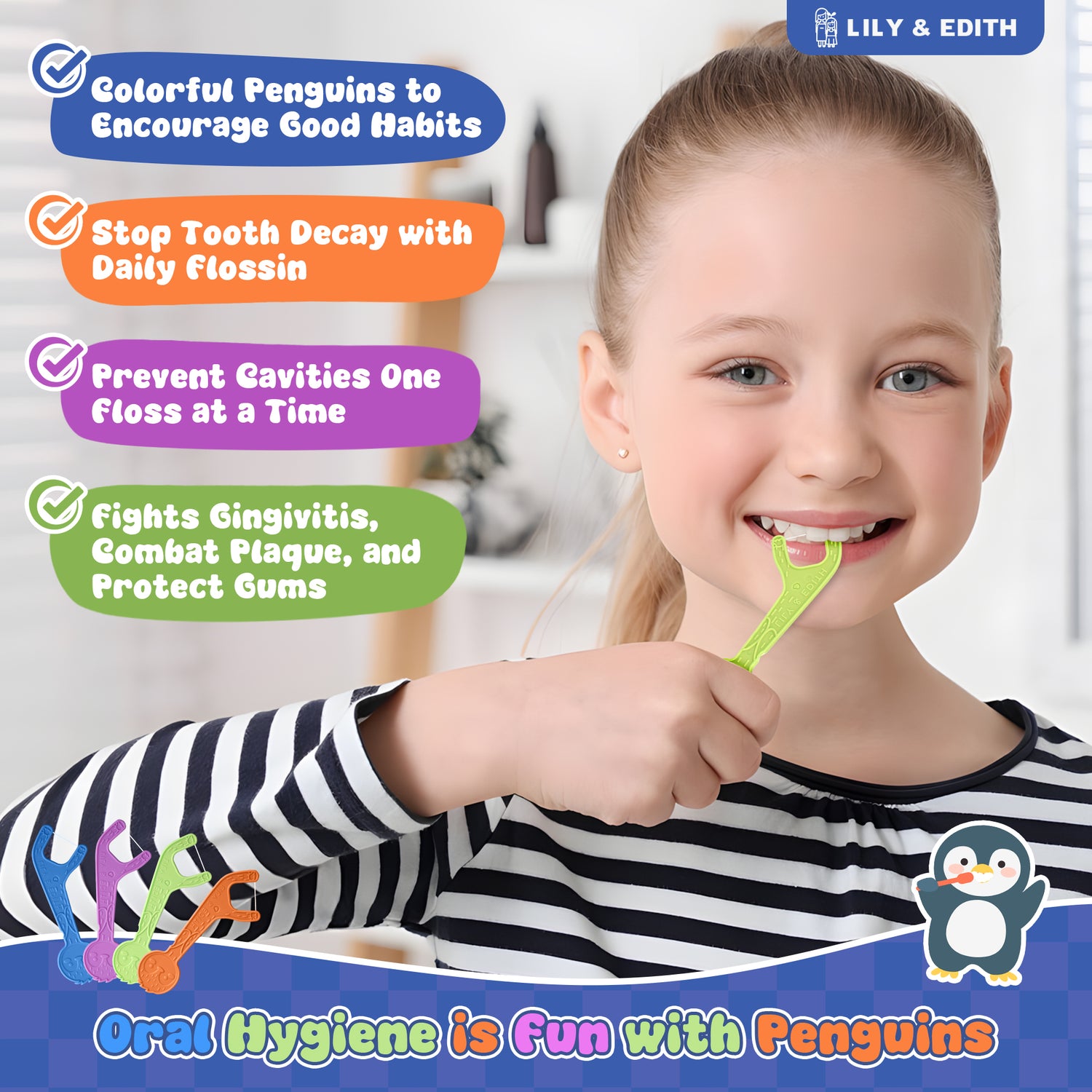Kids Biodegradable Dental Floss Picks 160 Counts | Penguin Unflavored